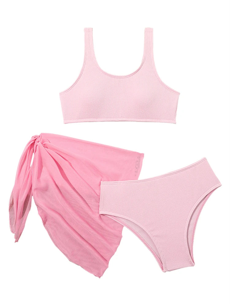 Kids Swimsuit Girls Bikini 2026 New Solid Ribbed Sling Bikinis Set Children Swimwear Summer Three Piece Beachwear Bathing Suits