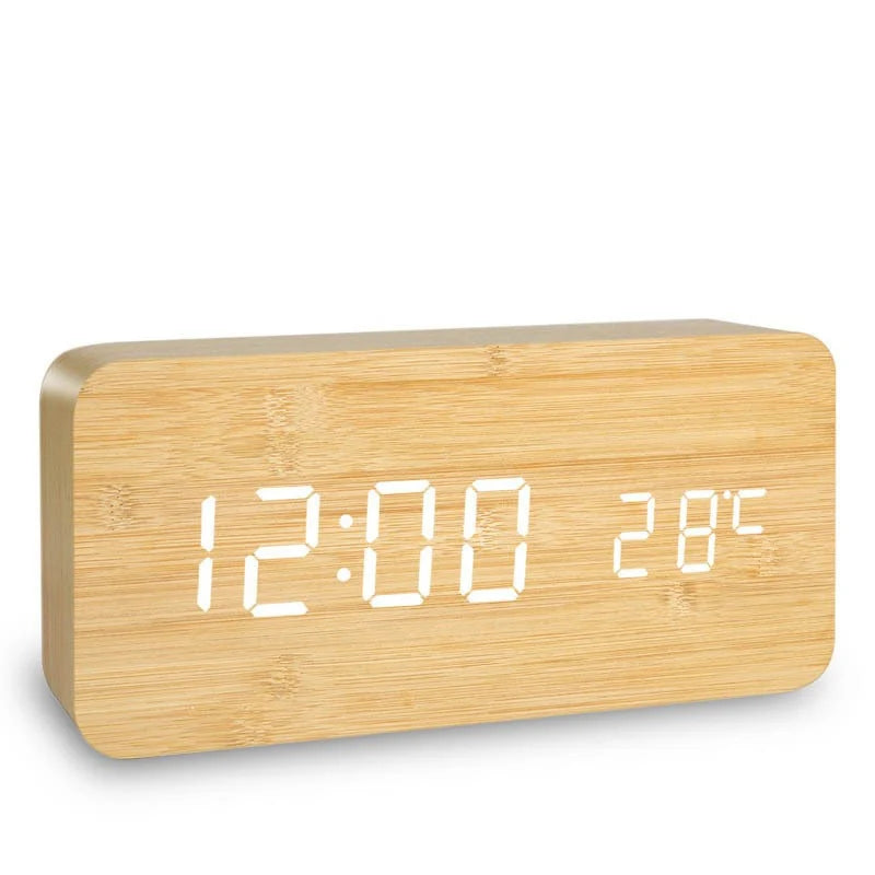 Alarm Clock LED Wooden Watch Table Voice Control Digital Wood Despertador USB/AAA Powered Electronic Desktop Clocks