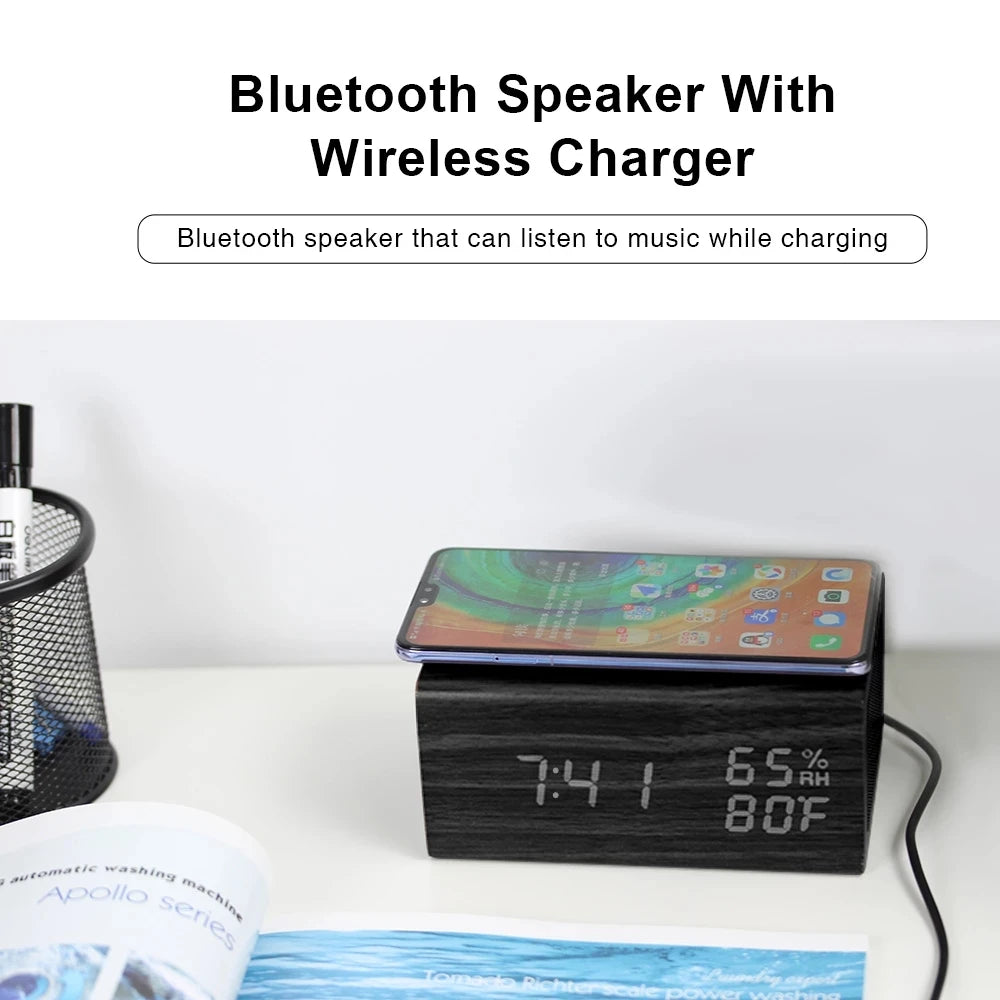 New Wooden Digital Alarm Clock Bluetooth Speaker with Wireless Charging Led Temperature Humidity Display Sound Control Function