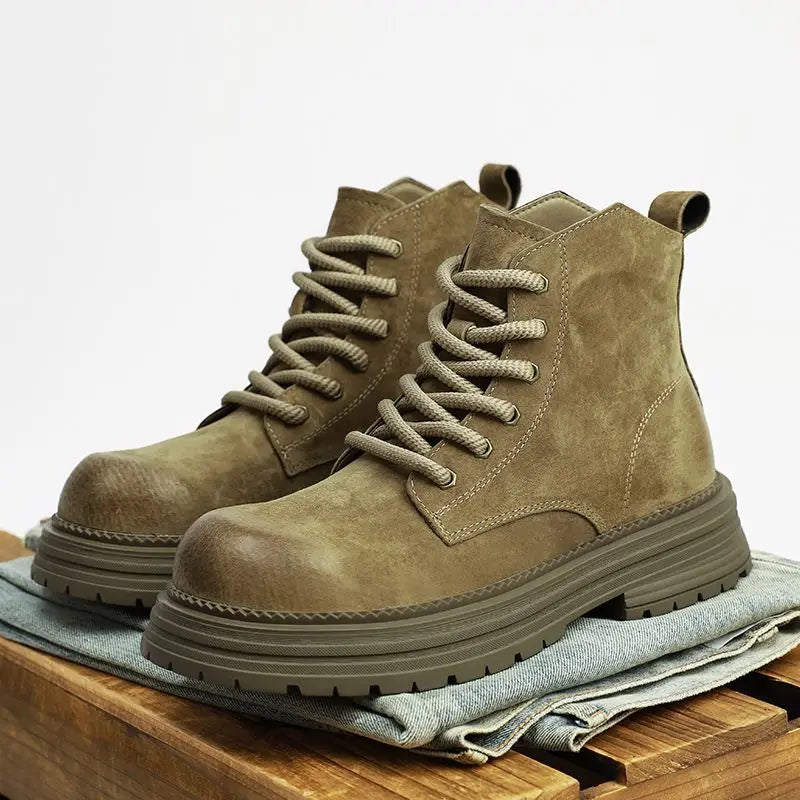 Outdoor Leather Mens Ankle Boots Fashion High Top Men's Casual Shoes British Style Male Work Boots Lace-up Walking Hiking Shoes