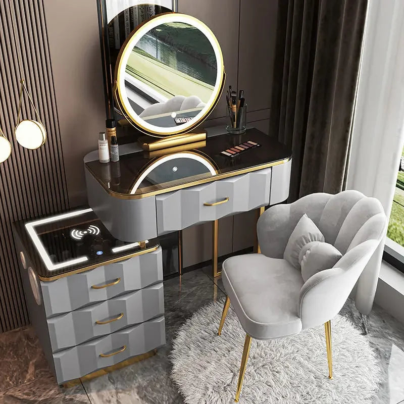 Makeup Vanity Desk with Wireless Charging Station and Bluetooth Speaker, Dressing Table with Tempered Glass Desktop,Vanity Set