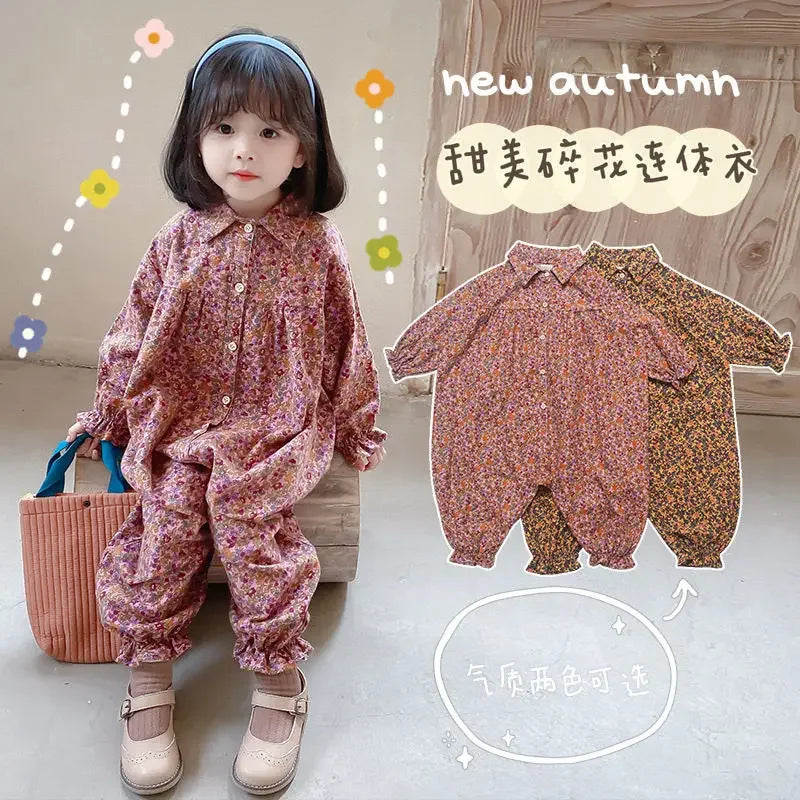 Kids Clothes Autumn Spring Children Girls Cotton Jumpsuits Single-Breasted Cute Floral Chic Baby Overalls Soft Loose Trousers