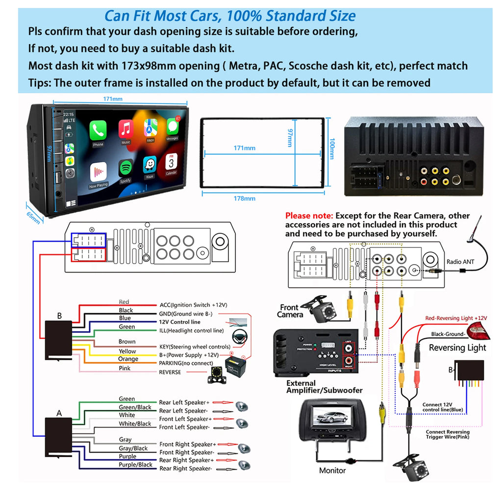 7 Inch Car Radio Stereo 2 Din Touchscreen Car Video Player with Dash Cam and Backup Camera Bluetooth Navigation USB FM AUX Input
