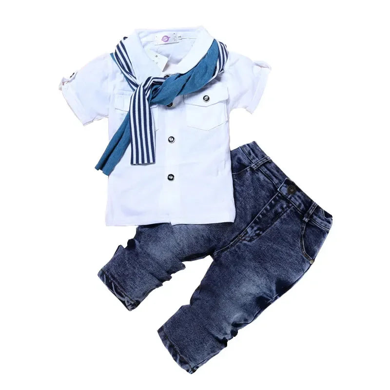 2-7 Years Kids Clothes Boys Outfit Summer Children's Clothing Boy Sets Cotton Short Sleeve O-Neck Tops+Jeans+Scarf Baby Costume