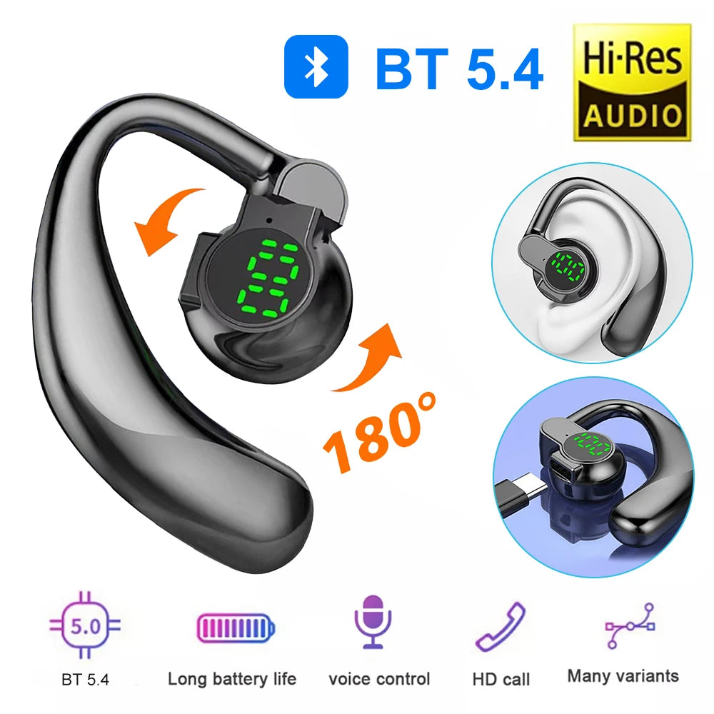 180°Wireless Headphone Bluetooth 5.4 Handsfree Noise Canceling Rotatable Sport Digital Display Earphones Single Ear Earhook