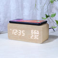 New Wooden Digital Alarm Clock Bluetooth Speaker with Wireless Charging Led Temperature Humidity Display Sound Control Function