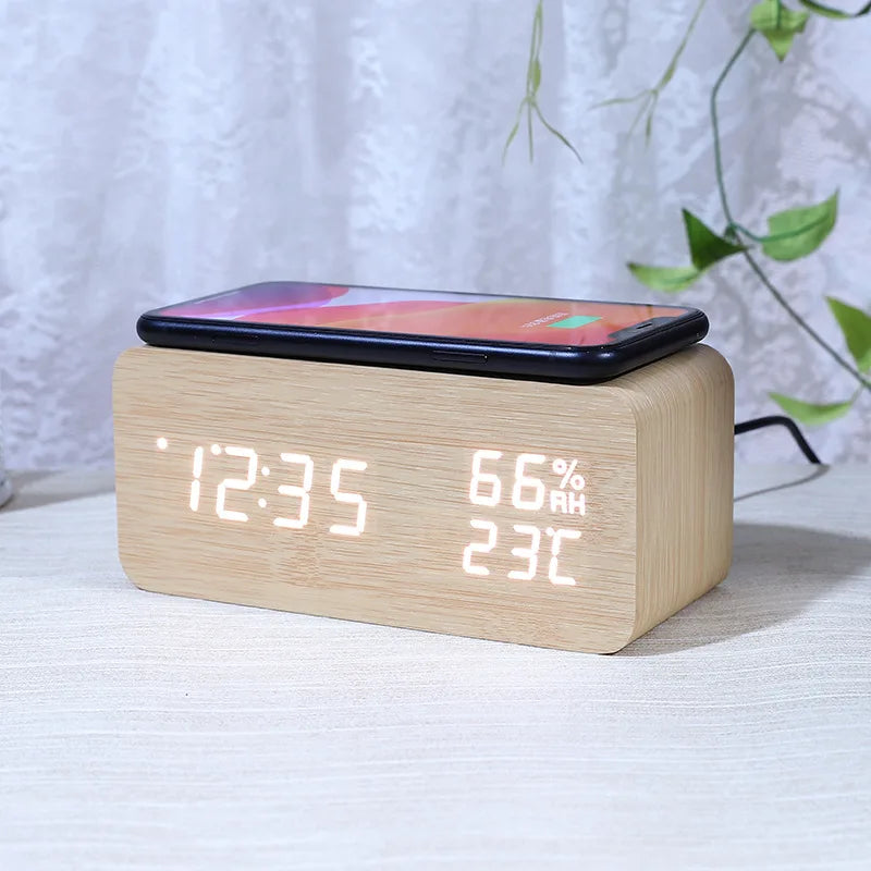 New Wooden Digital Alarm Clock Bluetooth Speaker with Wireless Charging Led Temperature Humidity Display Sound Control Function