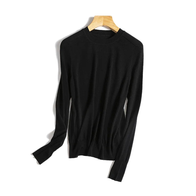 Birdtree, 100% Pure Wool Elegant Thin Sweater, Women O Neck Long Sleeve, Basics Bottom Knit Tops, 2024 Summer New T46840QM