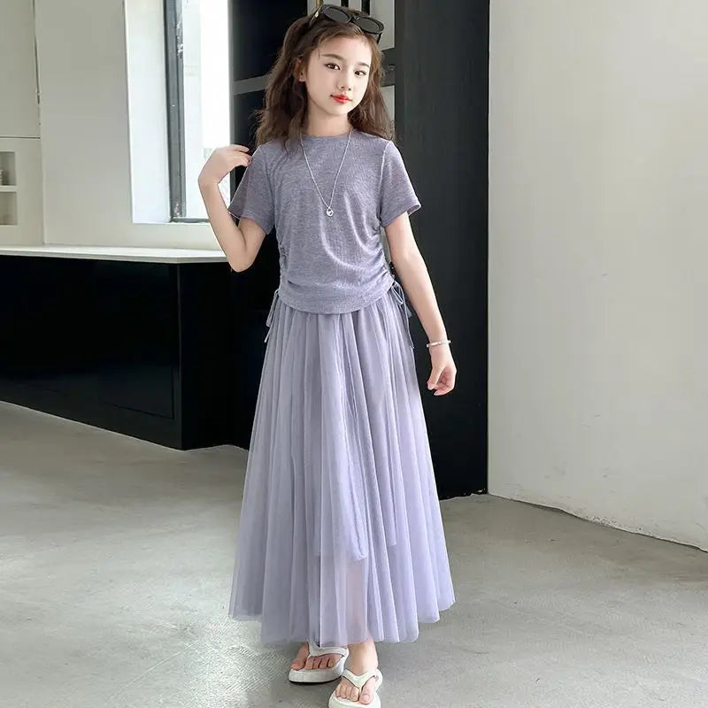 Children's Costume Girls Clothes 11 To 12 Years Old Sets Summer Suits Child Set Fashion Outfit T-shirts Home Clothing Girl Dress