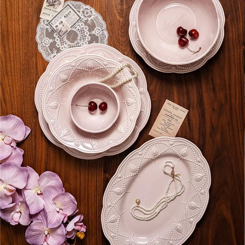 Pink Plate Set Retro Embossed Ceramic Dishes Cup and Saucer Breakfast Milk Mug Soup Plate Kitchen Tableware Housewarming Gift