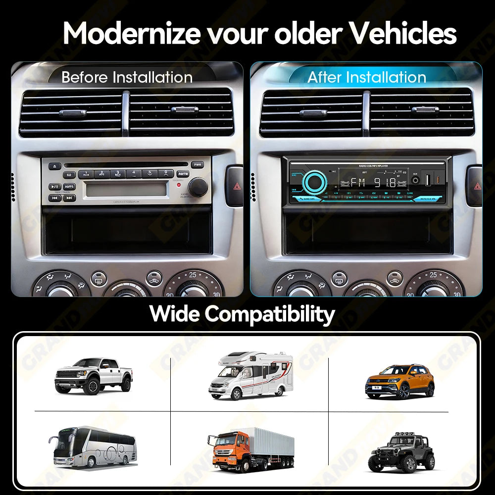 Car Radio 1din Srereo MP3 Player Bluetooth FM Receiver With Remote Control AUX/USB Support Type C Phone Charging Voice Assistant