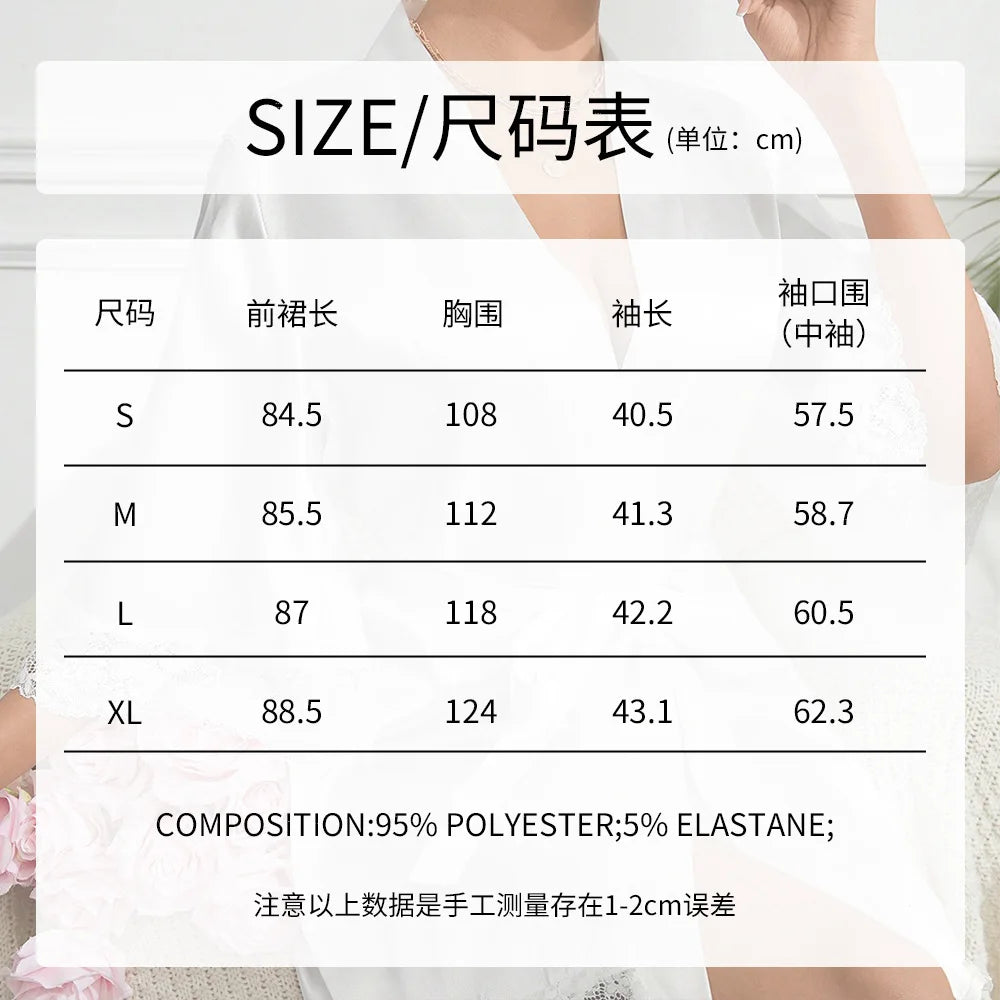 Women Pajamas Robes Sleepwear Nightgowns Half Sleeve Nightdress Lace Bathrobe Smooth Soft Comfortable Pure Color