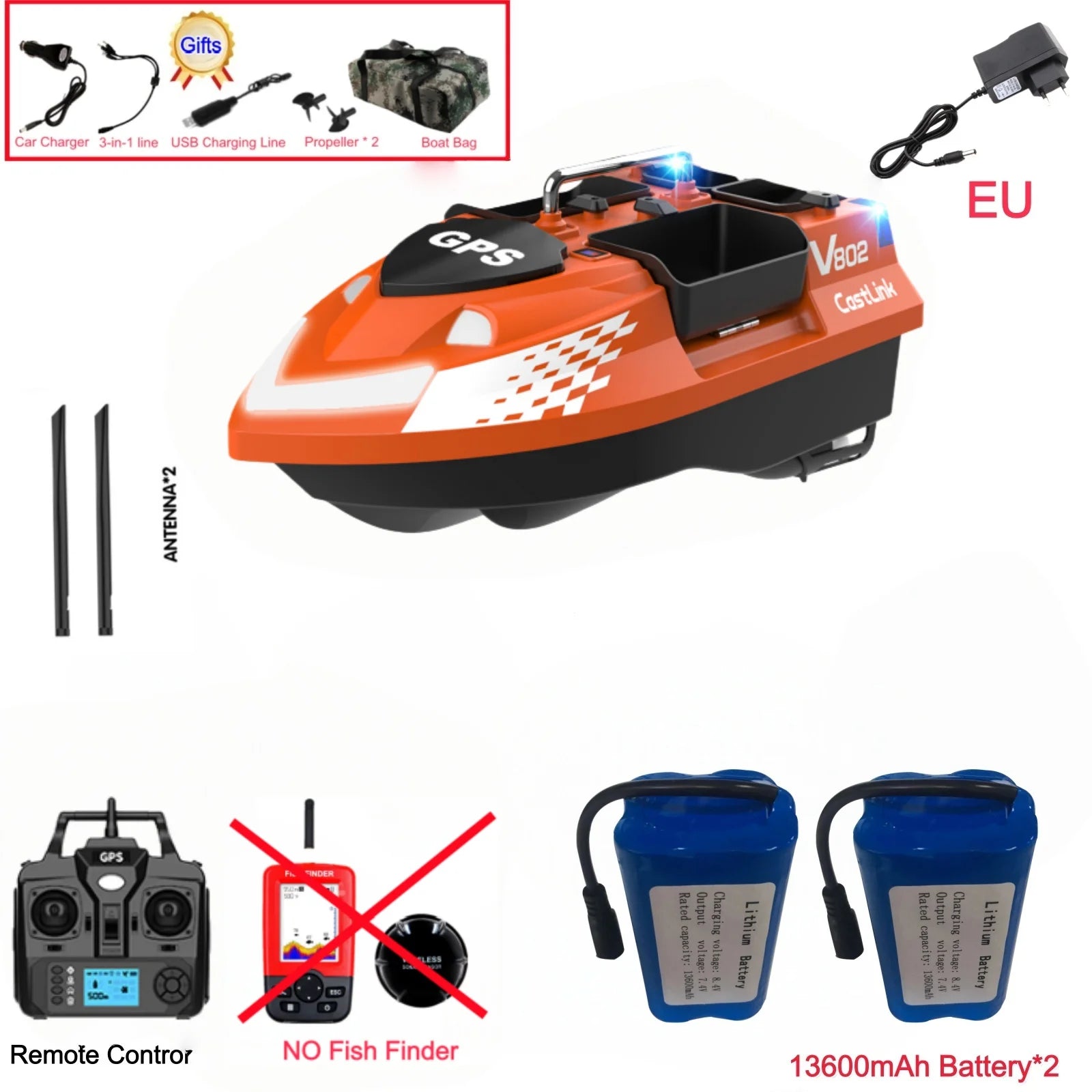 GPS Positioning 160 Positioning Points Fishing Boat Rc Bait Boat 4 Hoppers Waterproof 3KG Load 500M 15KM/H GPS One Click Return