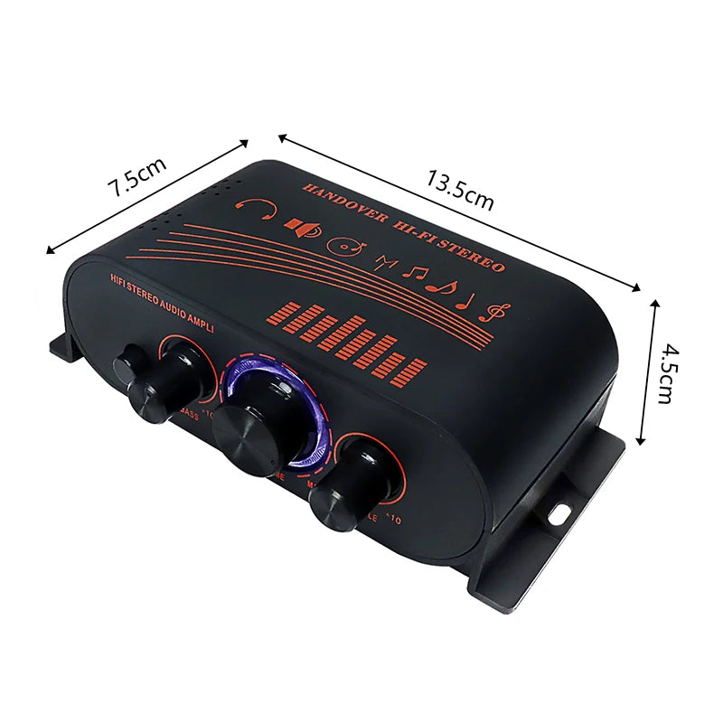 HiFi Stereo Audio Amplifier RCA Input 2-Channel 20W×2 DC12V Mini Amp with Bass Treble Control For Car Home Speaker System