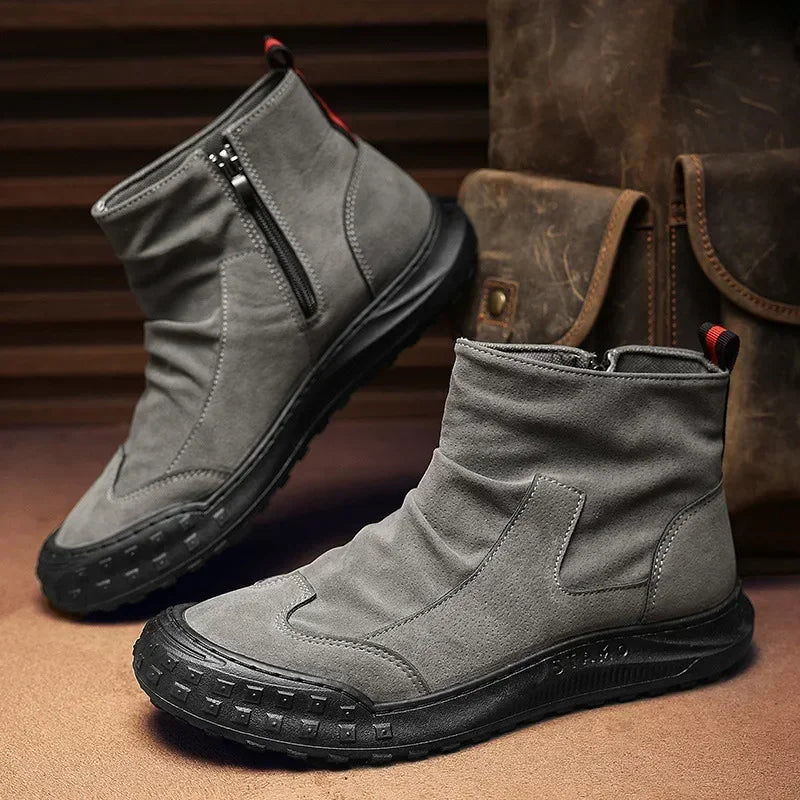 Men's Boots High Cut Workwear Shoes Autumn  Flat Zipper Pleated Non Slip Comfort Thick Soled Wear-resistant Fashion Boots