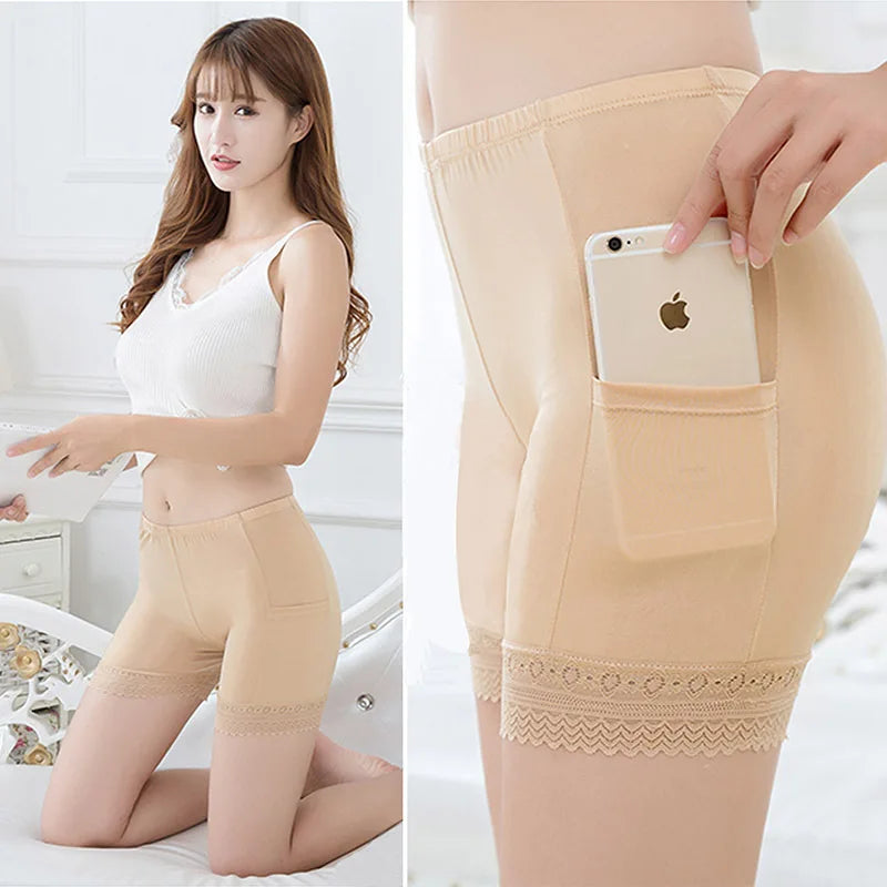 Summer Seamless Underwear With Pocket Shorts Women's Safety Pants Ladies Shorts With Lace Plus Big Size Safety Pants For Women