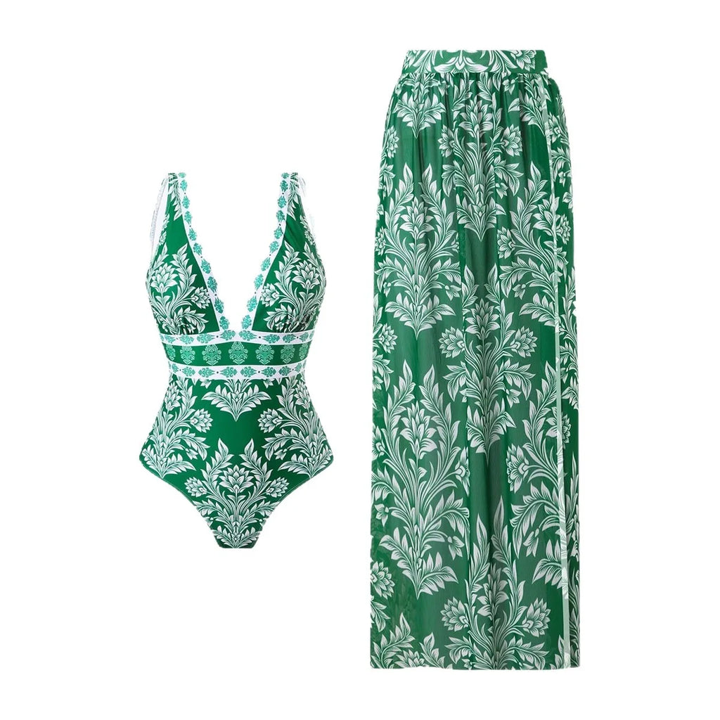 Bathing Suit Women European And American Sexy Bikini One-piece Swimsuit Chiffon Skirt, Shoulder V-neck Swimsuit, Beach Conservat