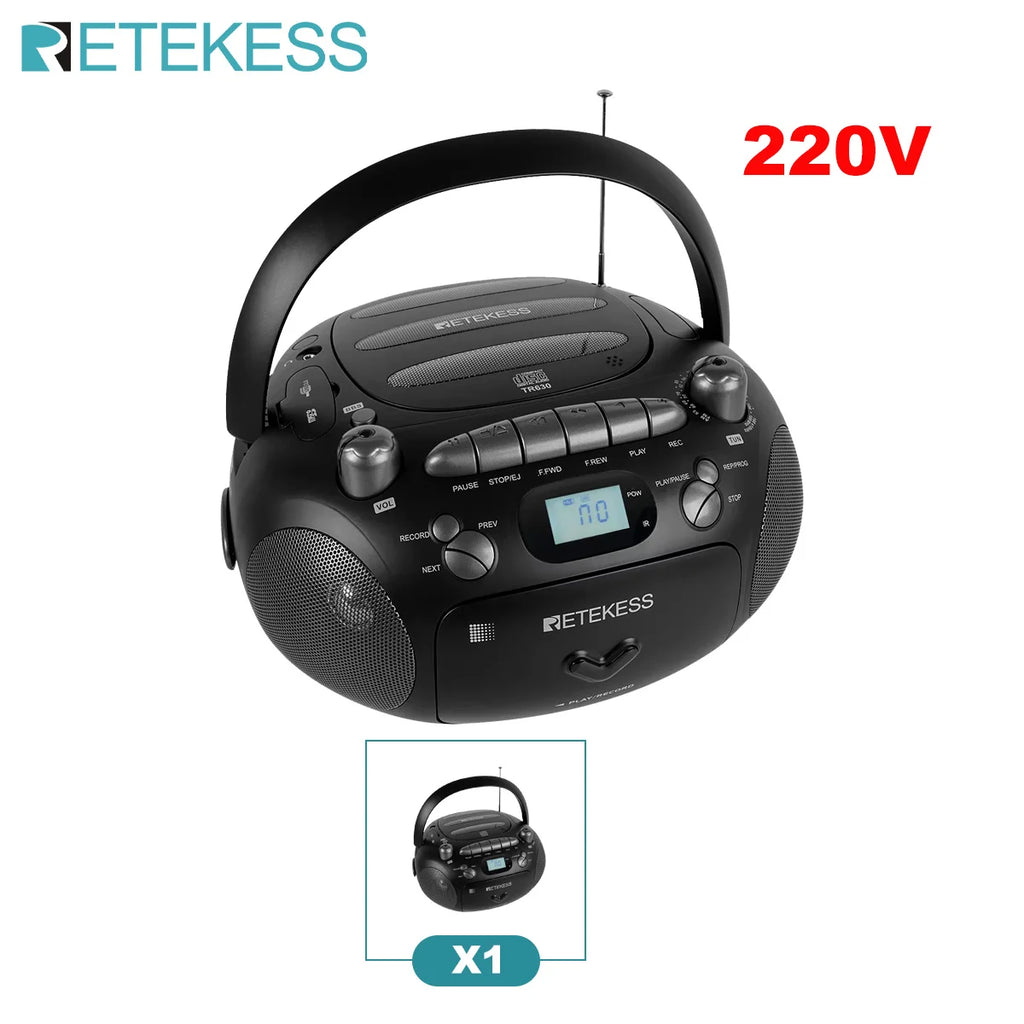 RETEKESS TR630 CD Player Boombox Stereo Portable Radio FM AM Cassette Tape 3W Speaker TF USB Recording Remote Control for Home
