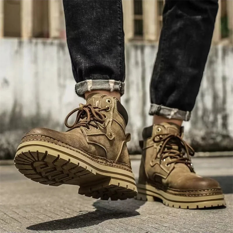 Fashion Men Boots Spring Comfortable Platform Leather Shoes Men Trend Brown Non-slip Work Boots for Men Casual Shoe Cowboy Boots