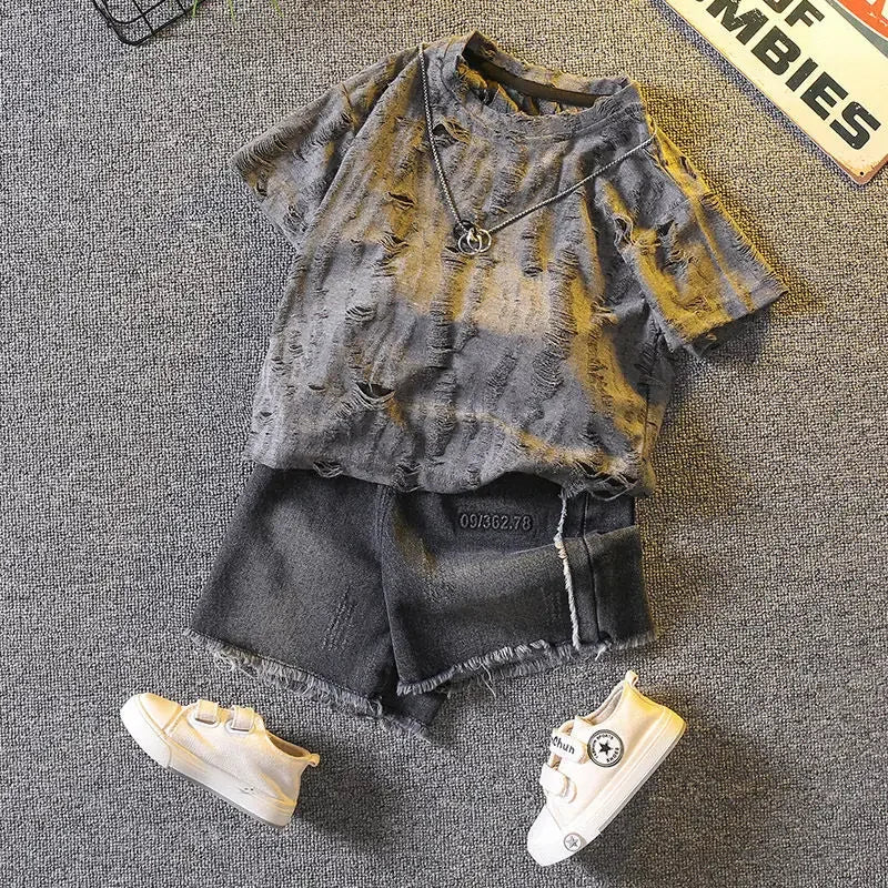 Kids Clothing 2pcs Sets Boys Grey Hole Short Sleeved T-shirt+ Denim Shorts Summer Suit 2025 New  Handsome Baby Clothes
