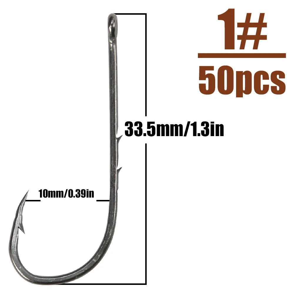 B&U 50pcs/lot Fishhooks High Carbon Steel Long And Straight Shank Barbed Fishing Hooks For Fresh And Saltwater Fishing