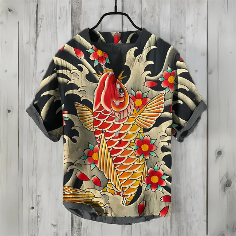 Spring and summer men's and women's shirts, fashionable shirts, casual fish pattern Hawaiian style printed shirts, linen tops