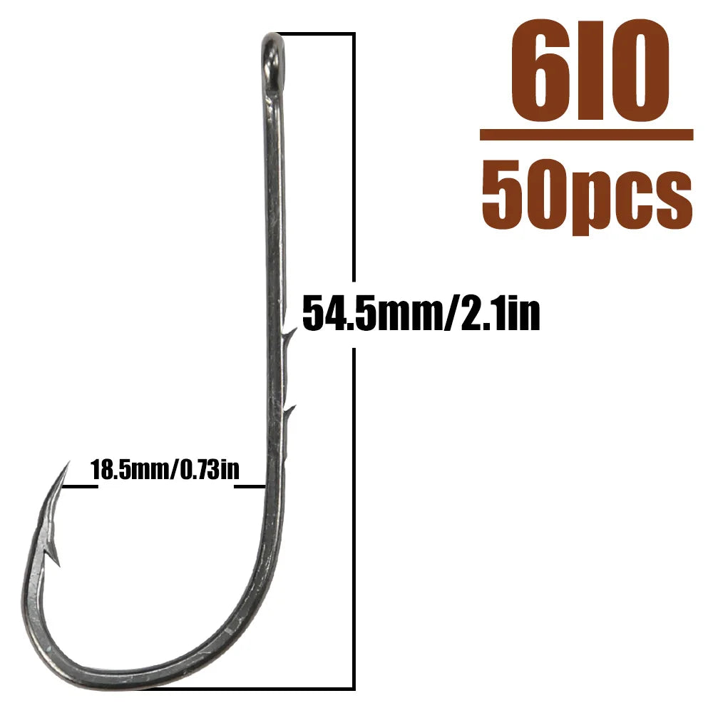 B&U 50pcs/lot Fishhooks High Carbon Steel Long And Straight Shank Barbed Fishing Hooks For Fresh And Saltwater Fishing