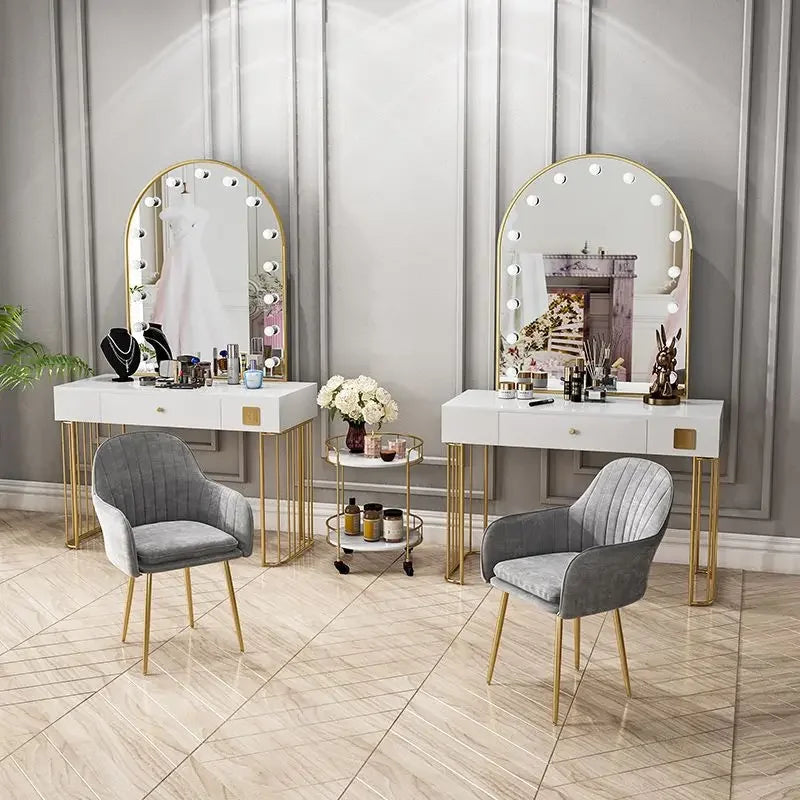 Vanity Set with Lighted Mirror, Makeup Vanity Dressing Table with LED Light, Drawers, Storage Shelves and Cosmetics Cabinet