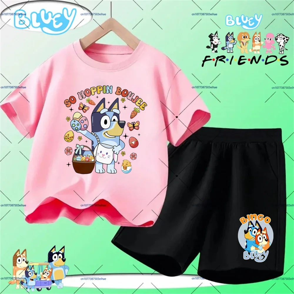 Kids Summer Casual Sports Outfit Bluey Cartoon Short Sleeve T-shirt & Shorts 2-Piece Set Soft Comfortable Children Clothing