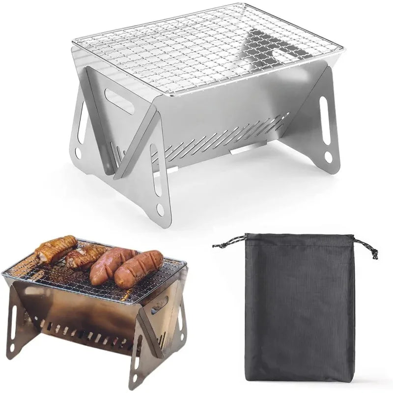 1 set Backpacking Stove Folding Stainless Steel Charcoal Grill BBQ Wood Burning Camp Stove Hiking Picnic Garden Backyard Cooking