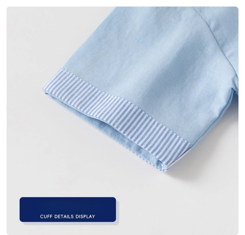 2026 Summer 2T-6T Korean Childrens Clothing Blue and White Striped Pattern Shirt for Boys kids Stand Collar Shirt