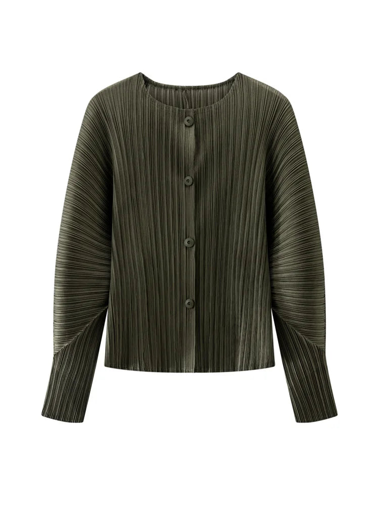 Miyake Pleated Solid Color Round Neck Cardigan Short Jacket for Women Long Sleeve Spring 2025 New Fashionable Age-reducing Top