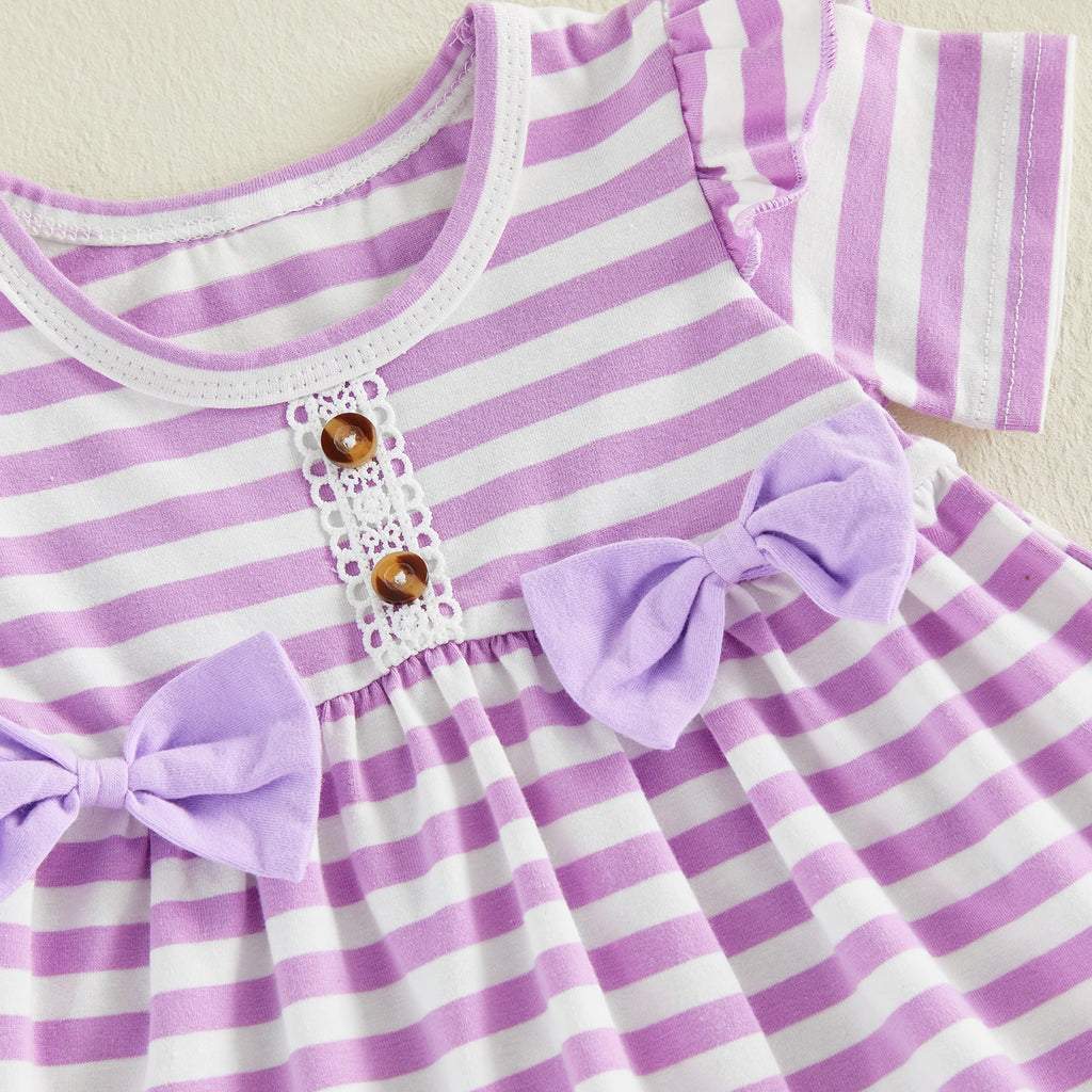 Kids Girls Summer Clothing Sets Short Sleeve Crew Neck Striped Bowknot T-shirts with Ruffles Shorts Holiday Casual Outfits