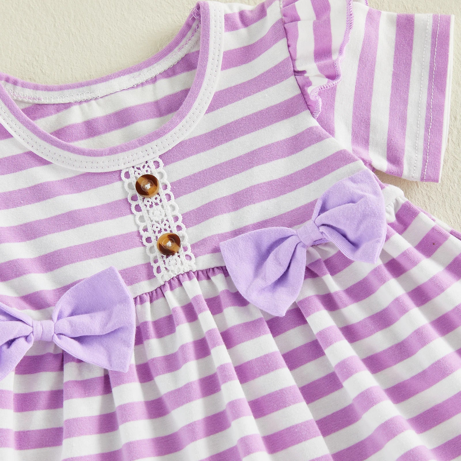 Kids Girls Summer Clothing Sets Short Sleeve Crew Neck Striped Bowknot T-shirts with Ruffles Shorts Holiday Casual Outfits