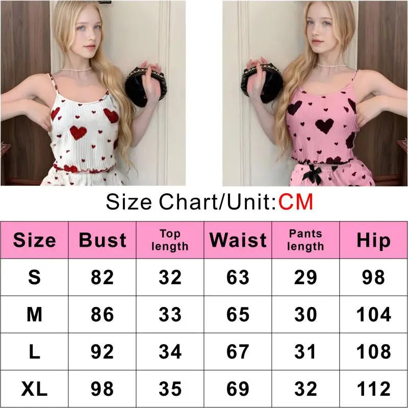 Women's Summer Pajama Set 2PC - Cute Heart Print Sleeveless Tank Top & Bow Shorts Lightweight Polyester Sleepwear Loungewear