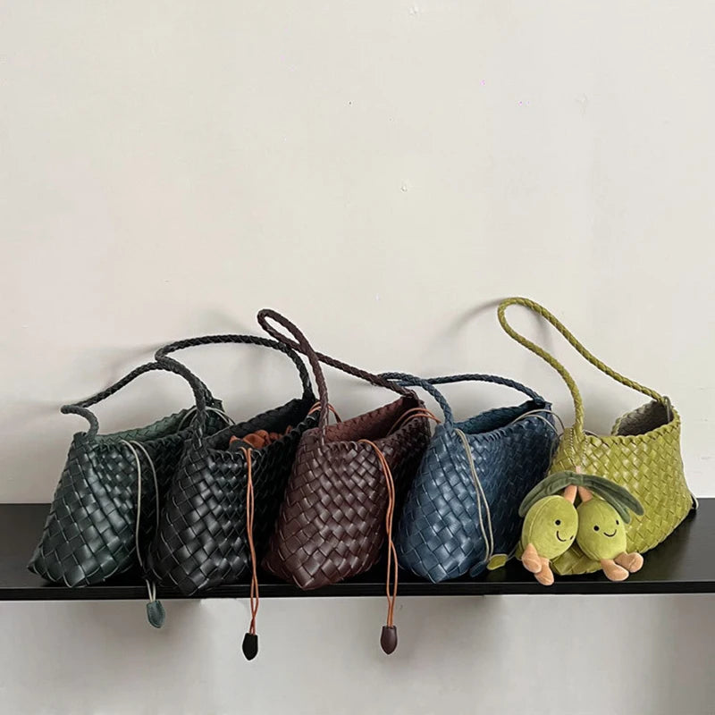 PU Hand-Woven women's Bag, Vegetable Basket Sailboat Bucket bag, Casual Vacation Handbag Shoulder Bag