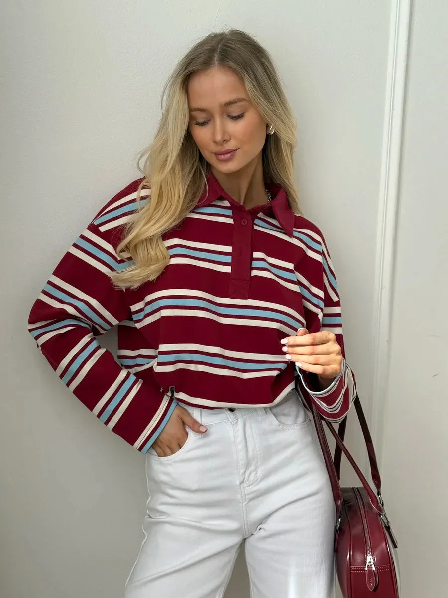 Bornladies Spring Summer New Women's Retro Striped Polo Collar Oversized Long Sleeve T - Shirt Trendy Casual Loose Basic Top