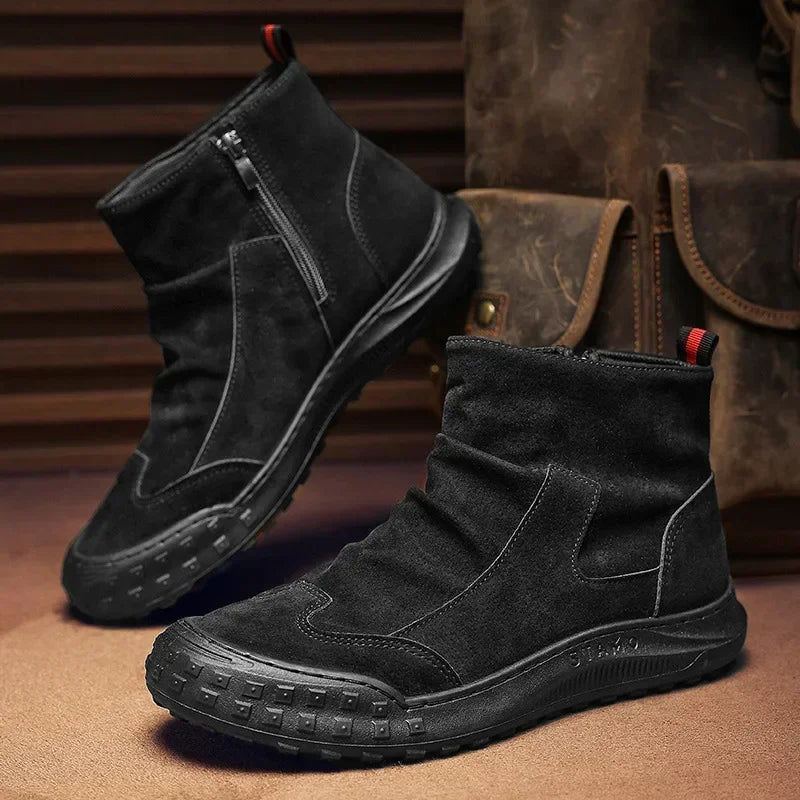 Men's Boots High Cut Workwear Shoes Autumn  Flat Zipper Pleated Non Slip Comfort Thick Soled Wear-resistant Fashion Boots