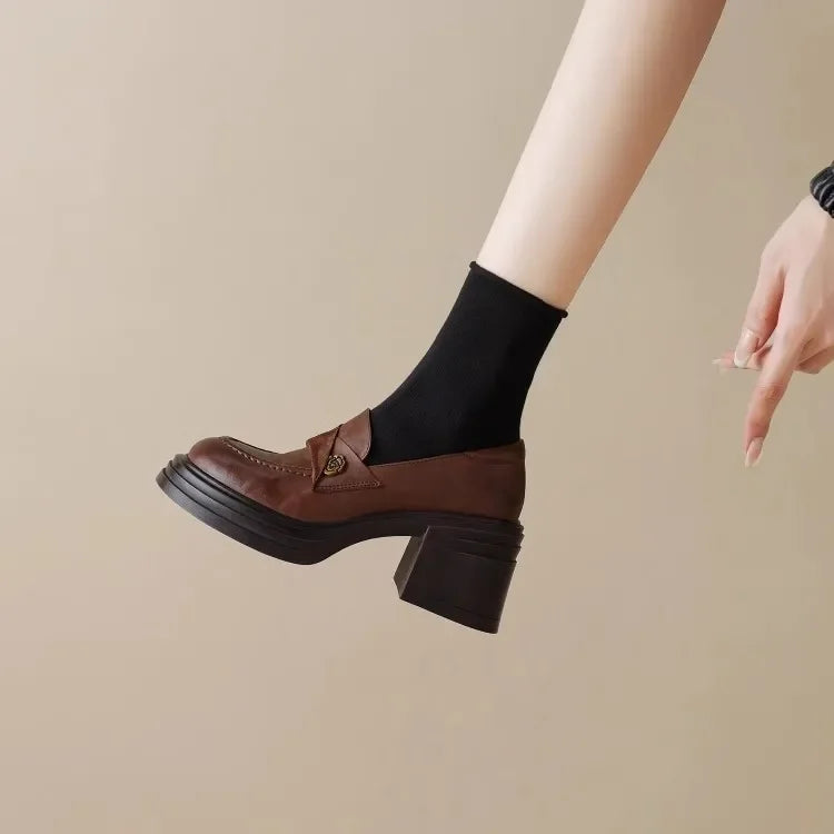 Women High Heel Shoes 2025 Retro Spring Autumn Performance Causal Women's Loafers Fashion Versatile Pumps Ladies Leather Shoes