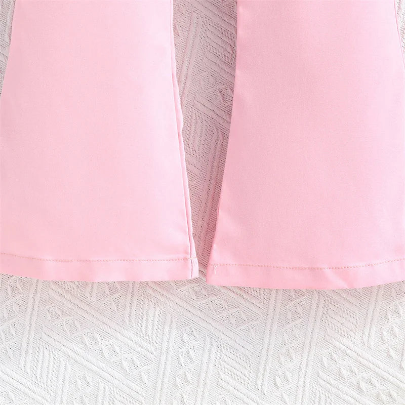 Children Clothing Summer Girls Pink Outfit Sets Lace Mesh Floral Crop Tube Tops+Flared Pants Kids Clothes Girls Elegant Sets
