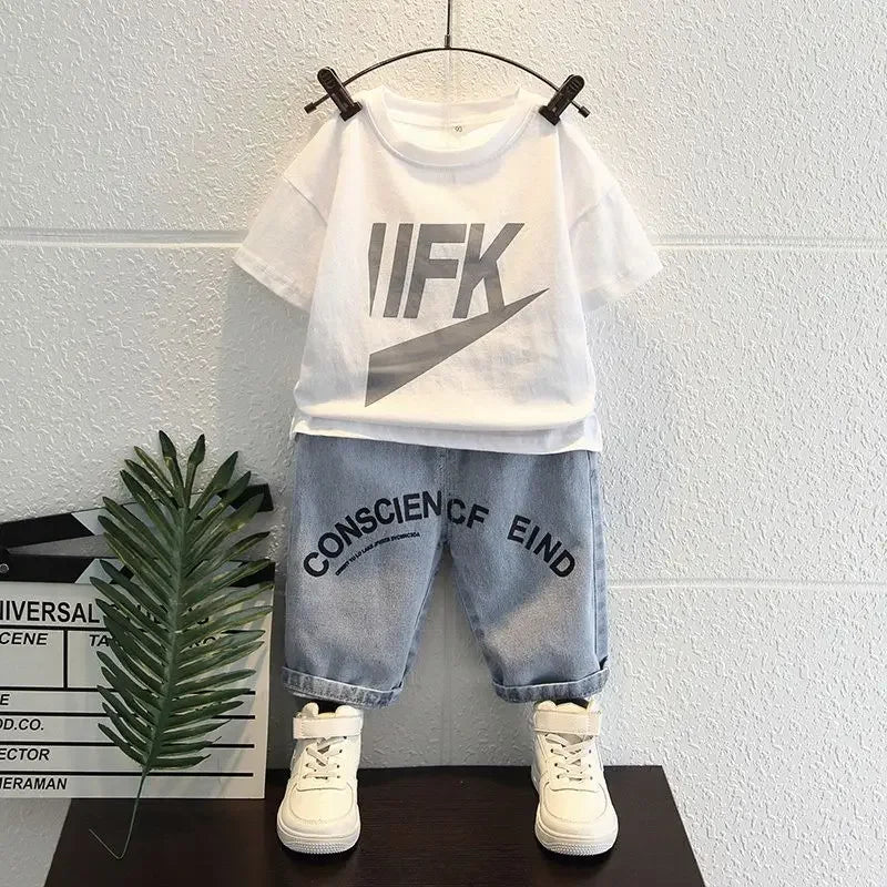 Kids Clothing 2pcs Sets Boys Grey Hole Short Sleeved T-shirt+ Denim Shorts Summer Suit 2025 New  Handsome Baby Clothes