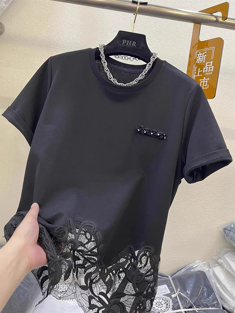 Elegant Lace Hem Short Sleeve Pure Cotton T-Shirt Women's Fashionable Summer New Style European Goods Irregular Top