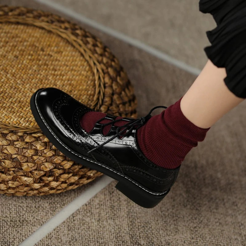 Oxford Shoes Women Split leather Shoes for Women Spring/Autumn Women Loafers Summer Brogues Vintage Lace-up Shoes Women Pumps