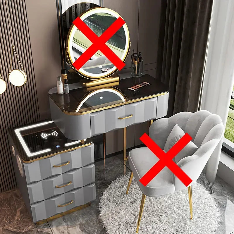 Makeup Vanity Desk with Wireless Charging Station and Bluetooth Speaker, Dressing Table with Tempered Glass Desktop,Vanity Set