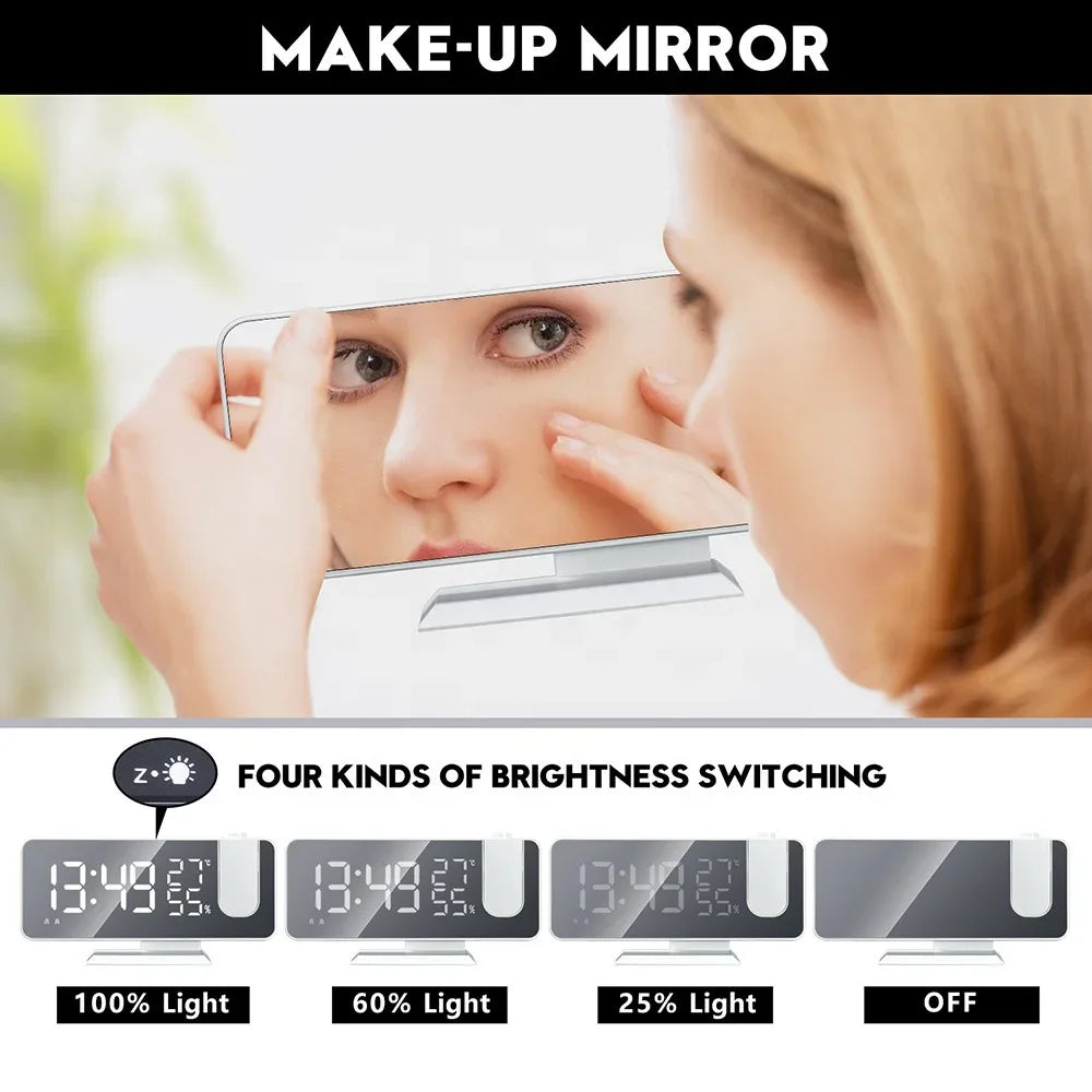 LED Digital Mirror Projection Alarm Clock Home FM Radio Thermometer Hygrometer USB Wake Up Watch 180° Projector Time Snooze Gift