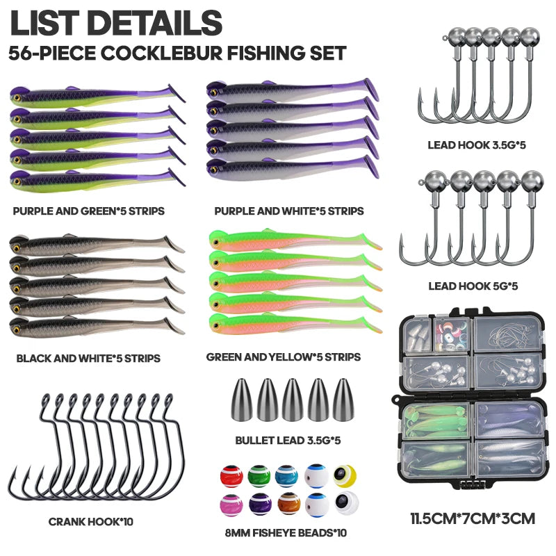 TAIYU 56pcs/Set Fishing Lures Kit For Freshwater/Saltwater Soft Lures Pro Gear Tackle Box Fishing Tackle With Fishing Accessorie