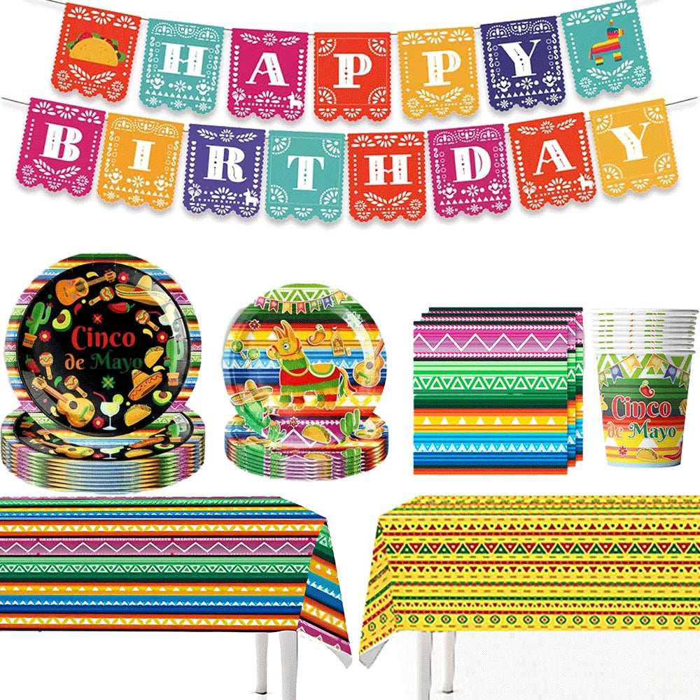 Cinco de Mayo Party Supplies Mexican Fiesta Party Decor Tableware Plate Napkin Banner Cake Topper For Carnival Birthday Party