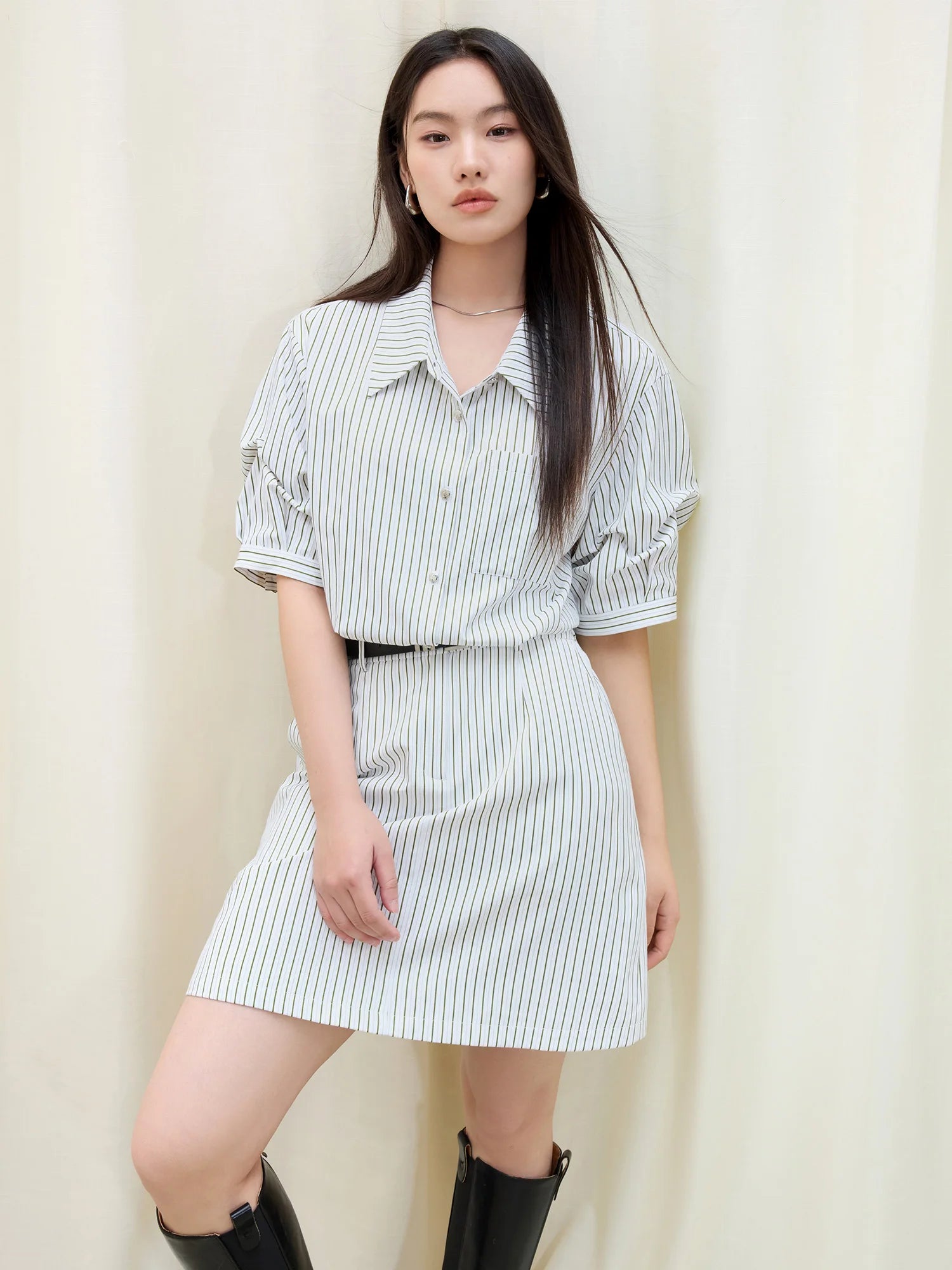DUSHU Women Fake Two-Piece Striped Shirt Dress 2025 Summer New Women Loose Cotton Short Sleeve Dresses 25DS81323