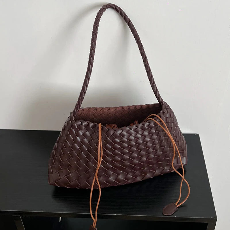 PU Hand-Woven women's Bag, Vegetable Basket Sailboat Bucket bag, Casual Vacation Handbag Shoulder Bag