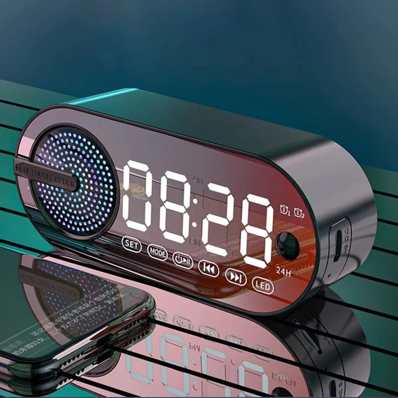 Mini Mirror Digital Alarm Clock Timer Rechargable Wireless Clock 2 Alarms FM Radio Wireless Speaker Subwoofer Desktop LED Clock